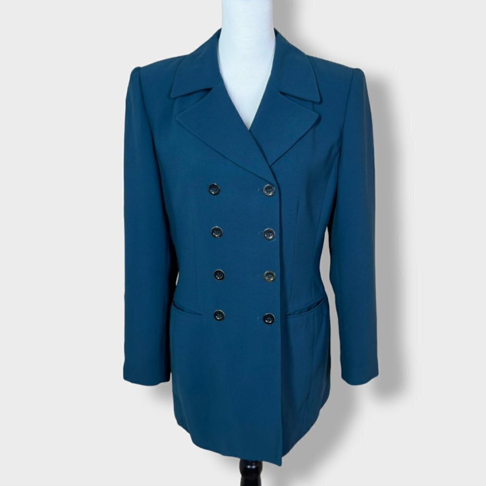 LE Suit Double Breasted Teal Suit Jacket Silver Buttons Peacoat Style Size 8